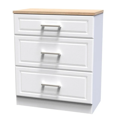 KEN049-WAMO - Kent - White Ash - Deep - Chest of 3 Drawer - Bardolino Oak Top