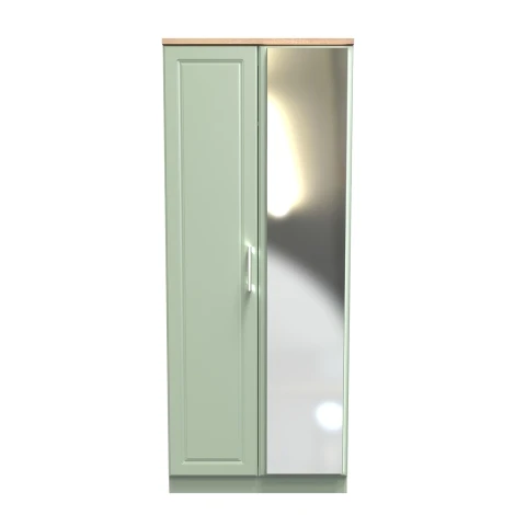 KEN057-RGBO - Kent - Reed Green - 2 Door - Double - Mirrored Wardrobe - Bardolino Oak Top