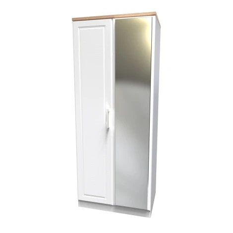 KEN057-WAMO - Kent - White Ash - 2 Door - Double - Mirrored Wardrobe - Bardolino Oak Top