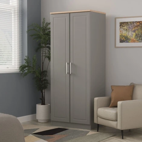 KEN060-DGBO - Kent - Dusk Grey 2 Door Double Plain Wardrobe - Bardolino Oak Top