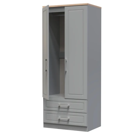 KEN061-DGBO - Kent - Dusk Grey 2 Door 2 Drawer Double Plain Wardrobe - Bardolino Oak Top