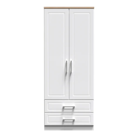 KEN061-WAMO - Kent - White Ash - 2 Door 2 Drawer - Double - Plain Wardrobe - Bardolino Oak Top