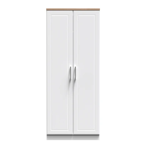 KEN080-WAMO - Kent - White Ash - 2 Door - Tall - Plain Wardrobe - Bardolino Oak Top