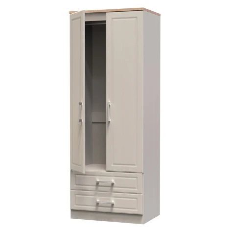 KEN081-KAMO - Kent - Kashmir Ash - 2 Door 2 Drawer - Tall - Plain Wardrobe - Bardolino Oak Top