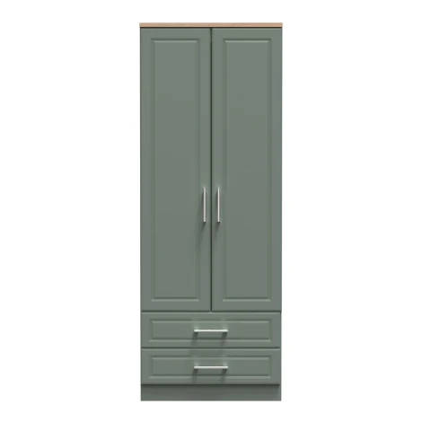 KEN081-RGBO - Kent - Reed Green - 2 Door 2 Drawer - Tall - Plain Wardrobe - Bardolino Oak Top