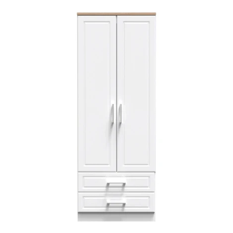 KEN081-WAMO - Kent - White Ash - 2 Door 2 Drawer - Tall - Plain Wardrobe - Bardolino Oak Top