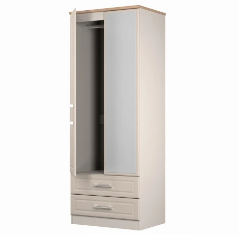 KEN082-KAMO - Kent - Kashmir Ash - 2 Door 2 Drawer - Tall - Mirrored Wardrobe - Bardolino Oak Top