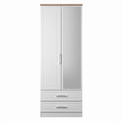 KEN082-WAMO - Kent - White Ash - 2 Door 2 Drawer - Tall - Mirrored Wardrobe - Bardolino Oak Top