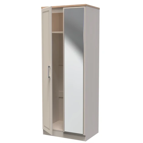 KEN087-KAMO - Kent - Kashmir Ash - 2 Door - Double - Tall - Mirrored Wardrobe - Bardolino Oak Top