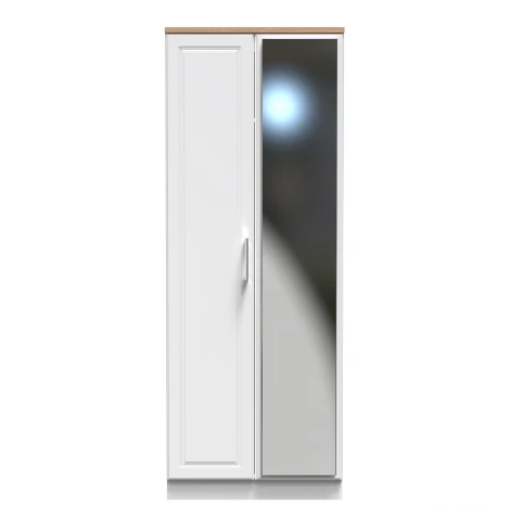 KEN087-WAMO - Kent - White Ash - 2 Door - Double - Tall - Mirrored Wardrobe - Bardolino Oak Top