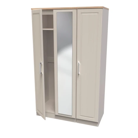KEN137-KAMO - Kent - Kashmir Ash - 3 Door - Triple - Mirrored Wardrobe - Bardolino Oak Top