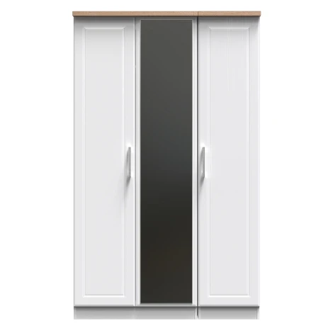 KEN137-WAMO - Kent - White Ash - 3 Door - Triple - Mirrored Wardrobe - Bardolino Oak Top