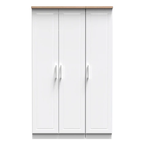KEN140-WAMO - Kent - White Ash - 3 Door - Triple - Tall - Plain Wardrobe - Bardolino Oak Top