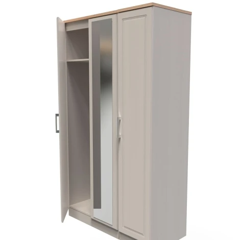 KEN147-KAMO - Kent - Kashmir Ash - 3 Door - Triple - Tall - Mirrored Wardrobe - Bardolino Oak Top