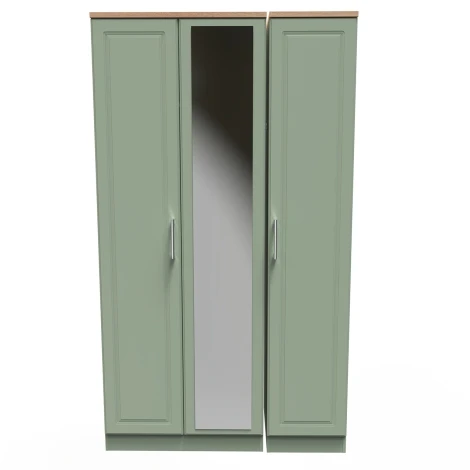 KEN147-RGBO - Kent - Reed Green - 3 Door - Triple - Tall - Mirrored Wardrobe - Bardolino Oak Top