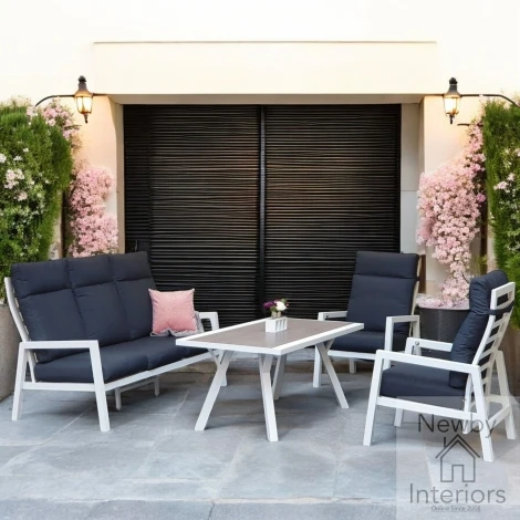 Kimmie Outdoor Sofa, 2 Recliner Chairs & Dining Table, White Aluminium