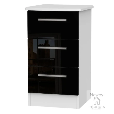 KNI001-BG-BW - Knightsbridge - 3 Drawer Bedside Cabinet / Bedside Table / Nightstand - Black Gloss Front and White Base