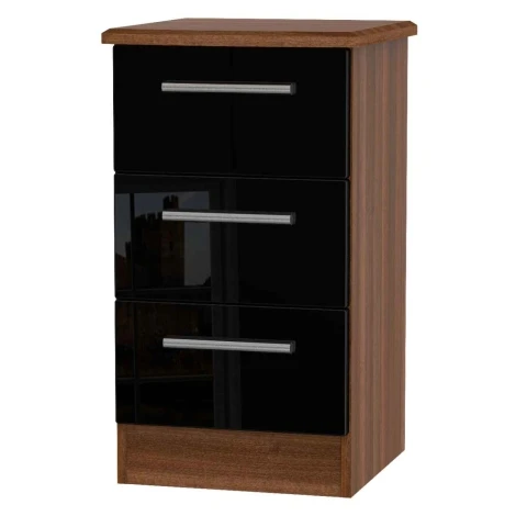 KNI001-BG-NW - Knightsbridge - 3 Drawer Bedside Cabinet / Bedside Table / Nightstand - Black Gloss Front and Noche Walnut Base