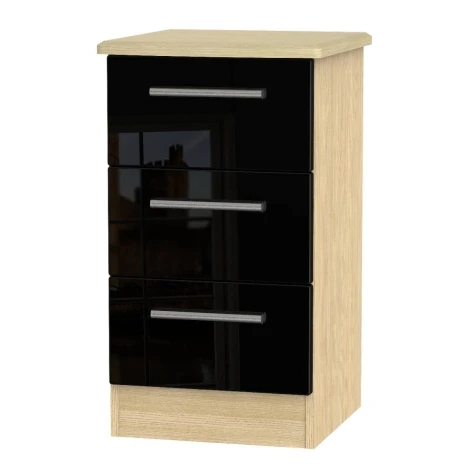 KNI001-BG-OK - Knightsbridge - 3 Drawer Bedside Cabinet / Bedside Table / Nightstand - Black Gloss Front and Oak Base