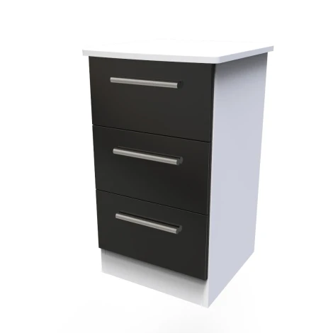 KNI001-BG-WM - Knightsbridge - 3 Drawer Bedside Cabinet / Bedside Table / Nightstand - Black Gloss Front and White Matt Base