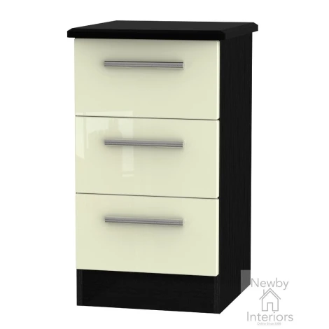 KNI001-CG-BM - Knightsbridge - 3 Drawer Bedside Cabinet / Bedside Table / Nightstand - Cream Gloss Front and Black Matt Base