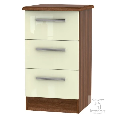 KNI001-CG-NW - Knightsbridge - 3 Drawer Bedside Cabinet / Bedside Table / Nightstand - Cream Gloss Front and Noche Walnut Base