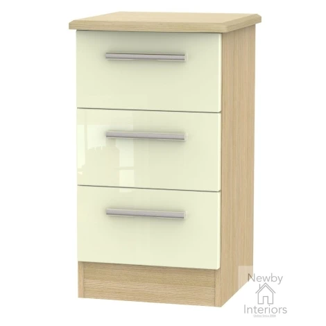 KNI001CO - Knightsbridge - 3 Drawer Bedside Cabinet / Bedside Table / Nightstand - Cream Gloss Front and Oak Base