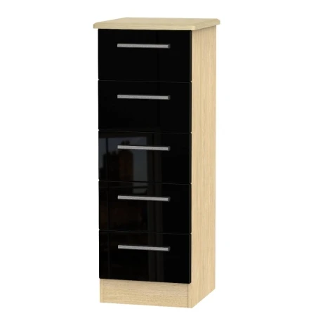 KNI003-BG-OK - Knightsbridge - 5 Drawer Bedside Cabinet / Bedside Table / Nightstand - Black Gloss Front and Oak Base