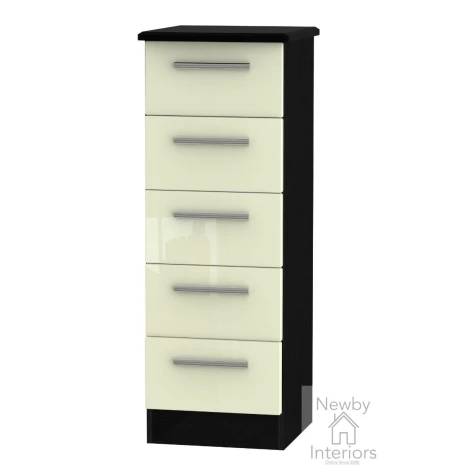 KNI003-CG-BM - Knightsbridge - 5 Drawer Bedside Cabinet / Bedside Table / Nightstand - Cream Gloss Front and Black Matt Base