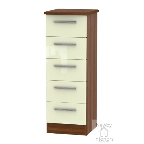 KNI003-CG-NW - Knightsbridge - 5 Drawer Bedside Cabinet / Bedside Table / Nightstand - Cream Gloss Front and Noche Walnut Base
