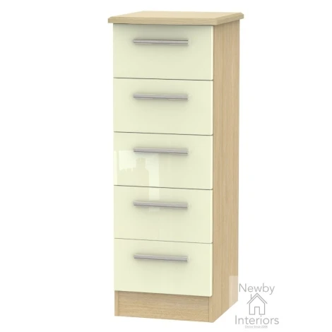 KNI003-CG-OK - Knightsbridge - 5 Drawer Bedside Cabinet / Bedside Table / Nightstand - Cream Gloss Front and Oak Base