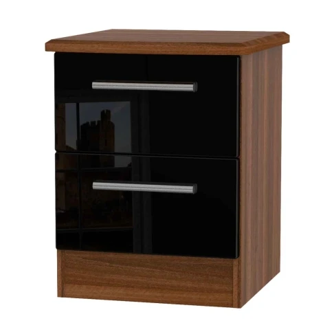 KNI005-BG-NW - Knightsbridge - 2 Drawer Bedside Cabinet / Bedside Table / Nightstand - Black Gloss Front and Noche Walnut Base