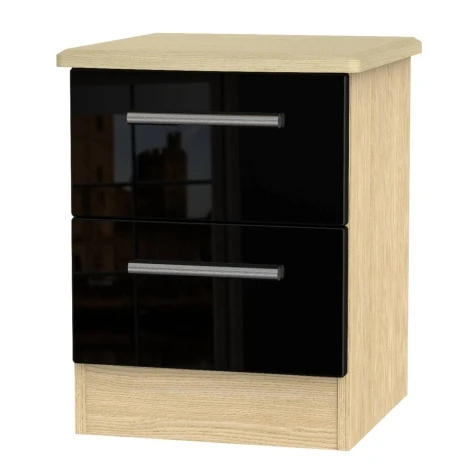 KNI005-BG-OK - Knightsbridge - 2 Drawer Bedside Cabinet / Bedside Table / Nightstand - Black Gloss Front and Noche Oak Base
