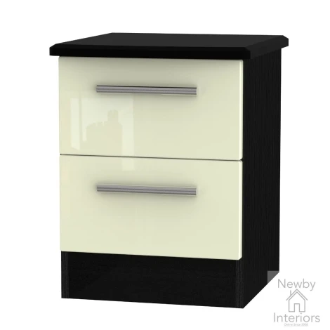 KNI005-CG-BM - Knightsbridge - 2 Drawer Bedside Cabinet / Bedside Table / Nightstand - Cream Gloss Front and Black Matt Base