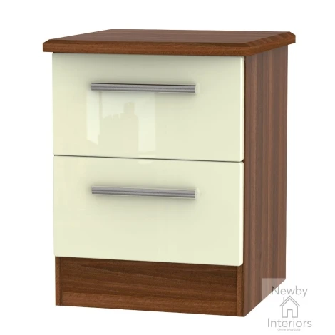 KNI005-CG-NW - Knightsbridge - 2 Drawer Bedside Cabinet / Bedside Table / Nightstand - Cream Gloss Front and Noche Walnut Base