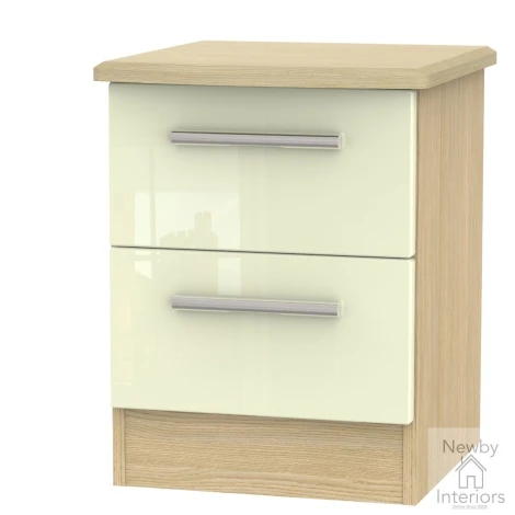 KNI005-CG-OK - Knightsbridge - 2 Drawer Bedside Cabinet / Bedside Table / Nightstand - Cream Gloss Front and Oak Base