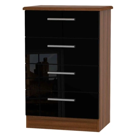 KNI008-BG-NW - Knightsbridge - 4 Drawer Medium Chest - Black Gloss Front and Noche Walnut Base