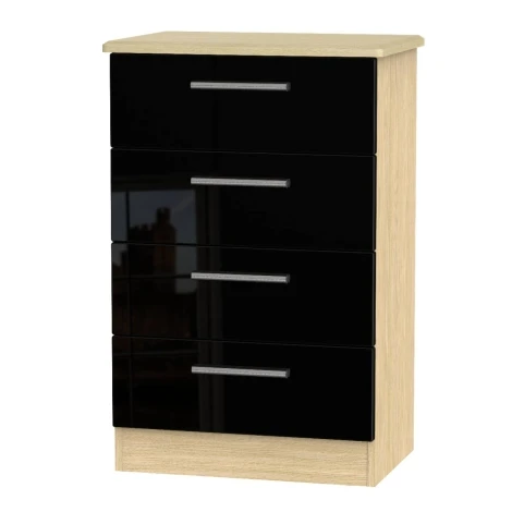 KNI008-BG-OK - Knightsbridge - 4 Drawer Medium Chest - Black Gloss Front and Oak Base