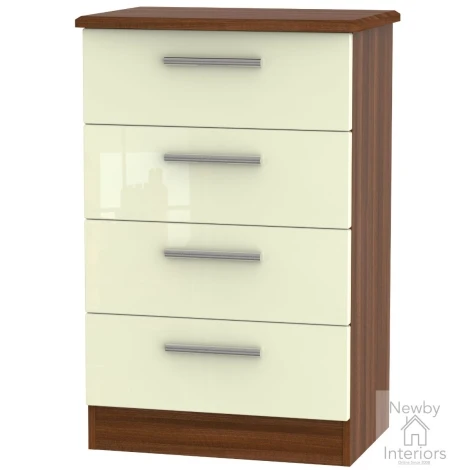 KNI008-CG-NW - Knightsbridge - 4 Drawer Medium Chest - Cream Gloss Front and Noche Walnut Base