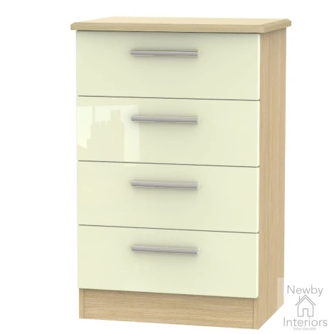 KNI008-CG-OK - Knightsbridge - 4 Drawer Medium Chest - Cream Gloss Front and Oak Base