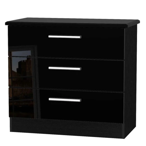 KNI010-BG-BM - Knightsbridge - Chest of 3 Drawers - Black Gloss Front and Matt Base