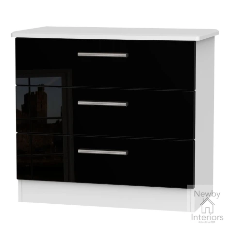 KNI010-BG-BW - Knightsbridge - Chest of 3 Drawers - Black Gloss Front and White Base