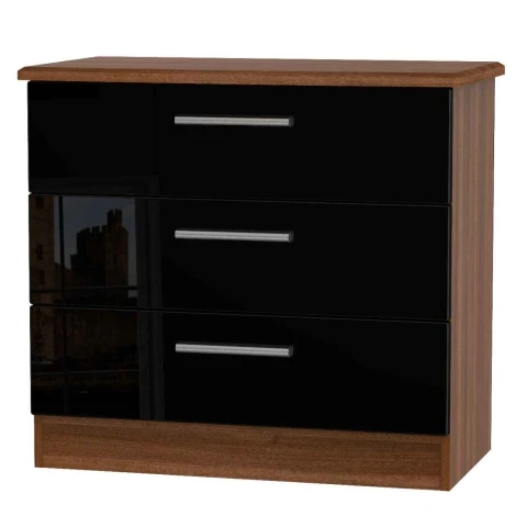 KNI010-BG-NW - Knightsbridge - Chest of 3 Drawers - Black Gloss Front and Noche Walnut Base