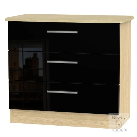 KNI010-BG-OK - Knightsbridge - Chest of 3 Drawers - Black Gloss Front and Oak Base