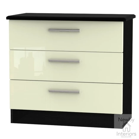 KNI010-CG-BM - Knightsbridge - Chest of 3 Drawers - Cream Gloss Front and Black Matt Base