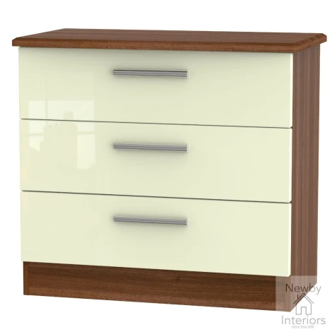 KNI010-CG-NW - Knightsbridge - Chest of 3 Drawers - Cream Gloss Front and Noche Walnut Base