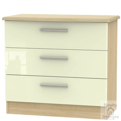 KNI010-CG-OK - Knightsbridge - Chest of 3 Drawers - Cream Gloss Front and Oak Base