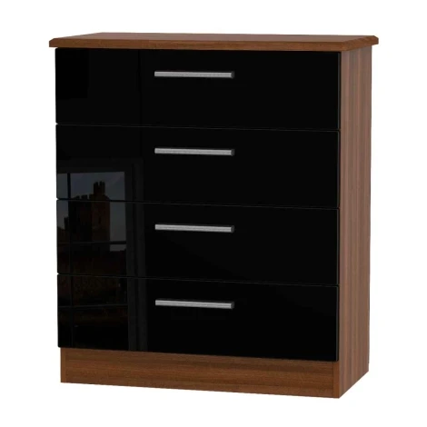 KNI011-BG-NW - Knightsbridge - Chest of 4 Drawers - Black Gloss Front and Noche Walnut Base