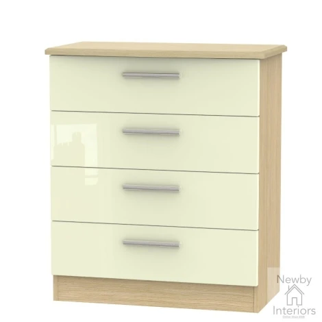 KNI011-CG-OK - Knightsbridge - Chest of 4 Drawers - Cream Gloss Front and Oak Base