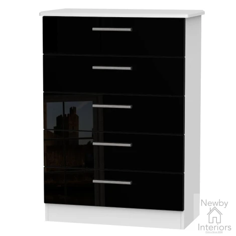 KNI012-BG-BW - Knightsbridge - Chest of 5 Drawers - Black Gloss Front and White Base